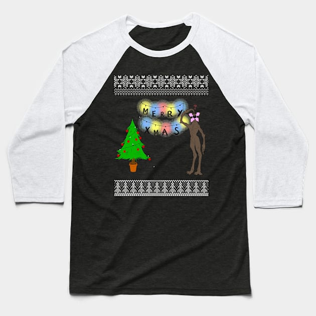 Stranger Things Demogorgon Christmas Knit Pattern Baseball T-Shirt by Bevatron